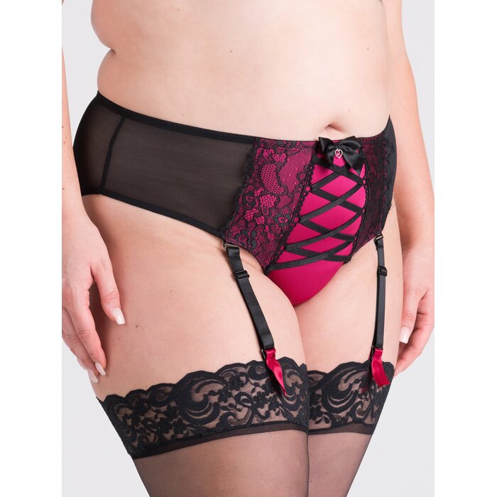 Lovehoney Plus Size Belle Cherry High-Waisted Brazilian Suspender Knickers - 1X / 2X - Black