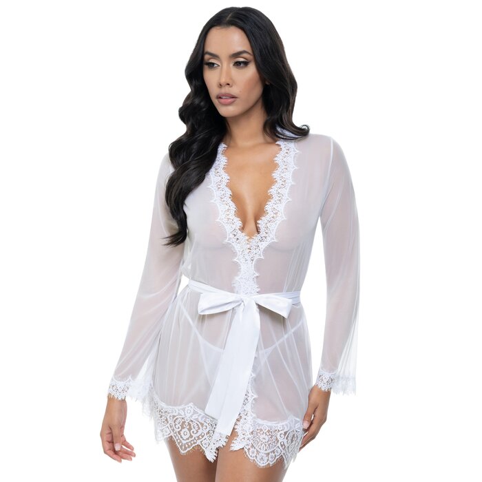 Oh La La Cheri White Bridal Provence Short Sheer Robe and Thong Set - L / XL - White