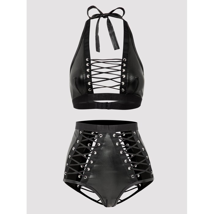Lovehoney Plus Size Fierce Leather-Look Lace-Up Bra Set 	 - 3X / 4X - Black