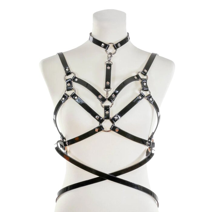 Double Strapped Bra Harness with Belt and Collar - Black