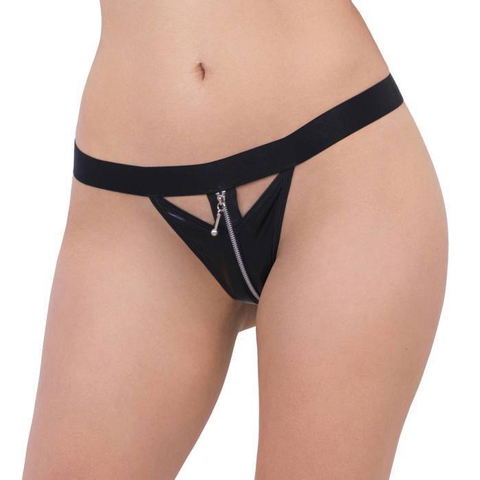 Escante Black Wet Look Zip Front Thong