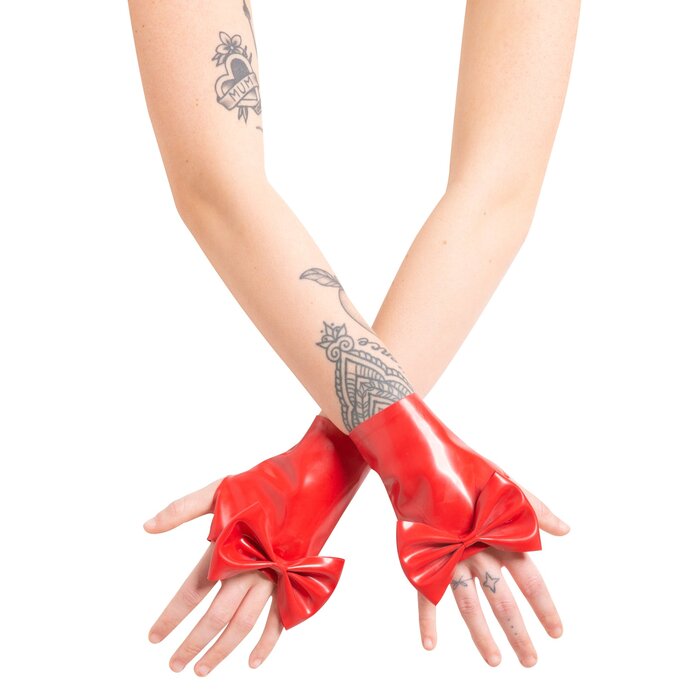 Latex Wrist Gauntlets with Bow in Red