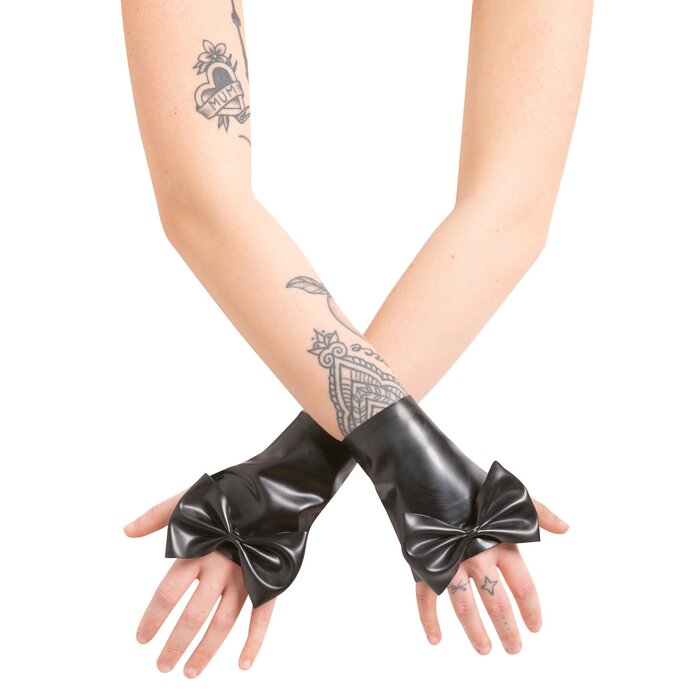 Latex Wrist Gauntlets with Bow in Black