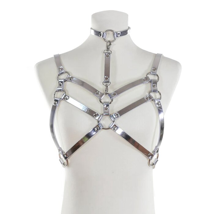 Double Strapped Bra Harness with Collar - Silver Mirror