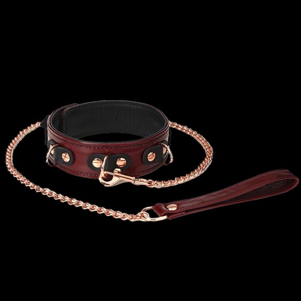 Wine Red - Leather
Deluxe collar with
chain, leash and
lock