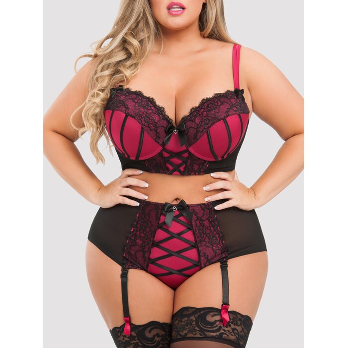 Lovehoney Plus Size Belle Cherry Push-Up Longline Bra Set - 5X / 6X - Black
