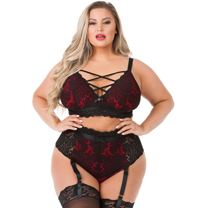 Lovehoney Plus Size Night Lily Wine and Black Lace Bra Set