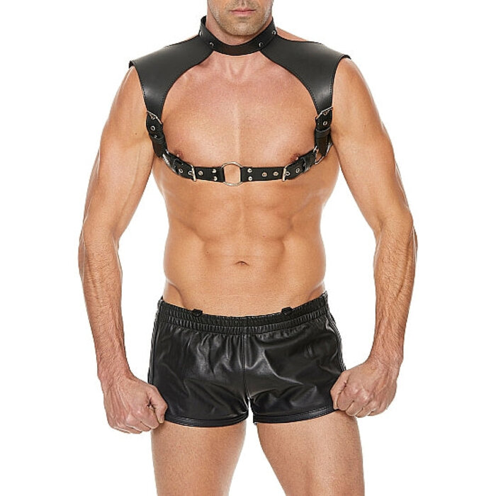 Men Harness with Neck Collar- Leather - Black