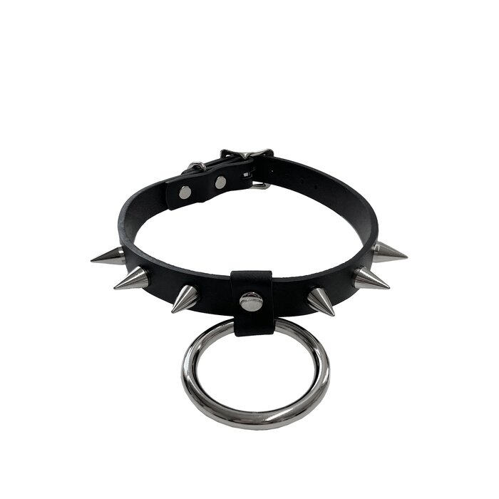 Silver Spike Collar With 2 Inch O Ring - Black & Silver