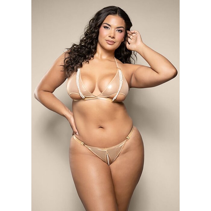 Golden Pearl Bralette and Crotchless Panty - Queen Size