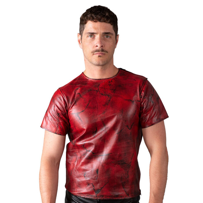 Leather T-Shirt with Multi Zips in Distressed Red