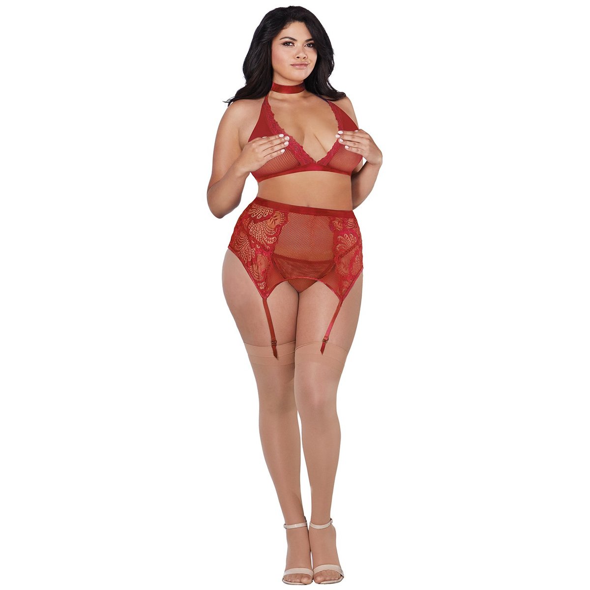 Dreamgirl Lace Four-piece Set Plus Size - Red - Plus size