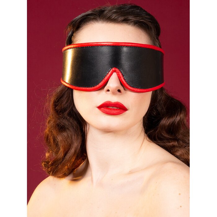 Deluxe Black & Red Padded Leather Blindfold with Leather Sides - One Size