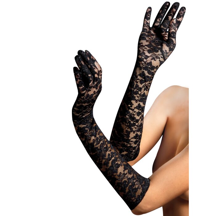 Black Floral Lace Elbow Length Gloves - One Size