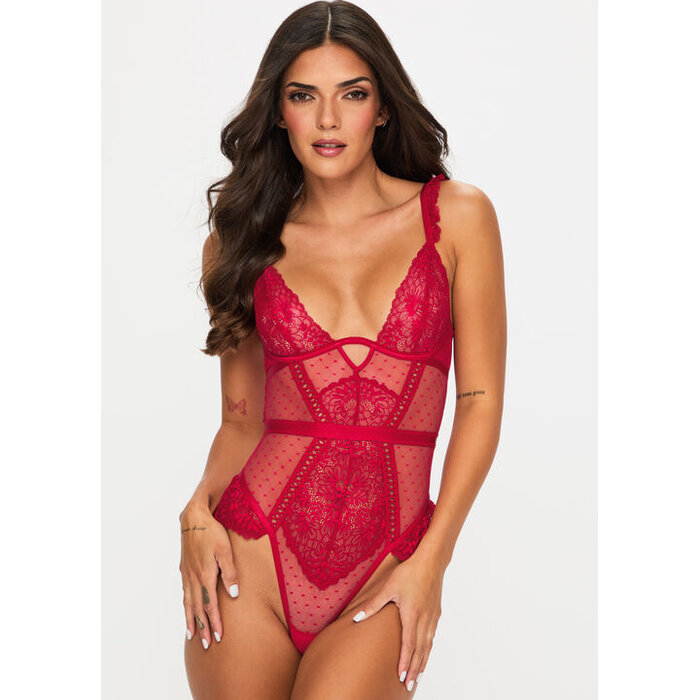 Ann Summers Entice Me Lace Crotchless Teddy Lingerie, Red