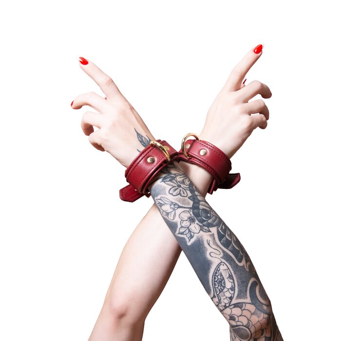 Burgundy Leather Wrist Cuffs With Gold Hardware