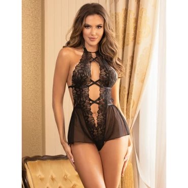 Flirt Dreamy Desire Black Lace Crotchless Teddy - S/M