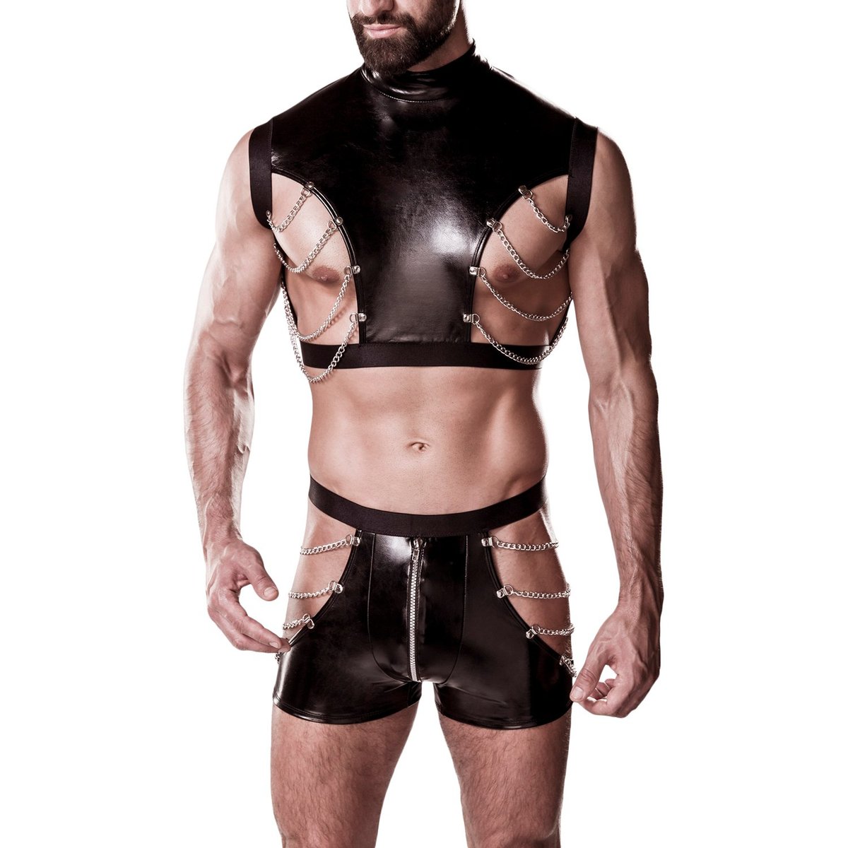 Grey Velvet Men Wetlook Set with Chains - Black - L/XL