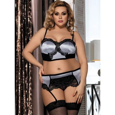 Silverlining Plus Size Dove Satin Bra & Garter Knicker - L/XL