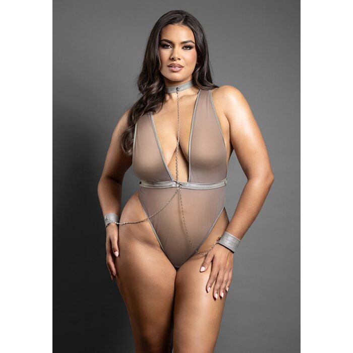 Crotchless Chain Detail Teddy and Handcuffs - Queen Size