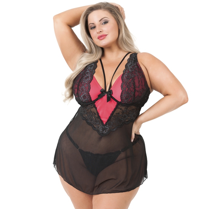 Lovehoney Plus Size Enchanted Red and Black Lace Babydoll Set