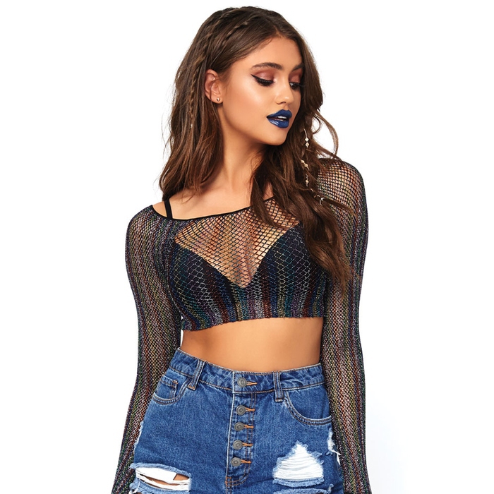 Leg Avenue Rainbow Glitter Long Sleeve Fishnet Crop Top