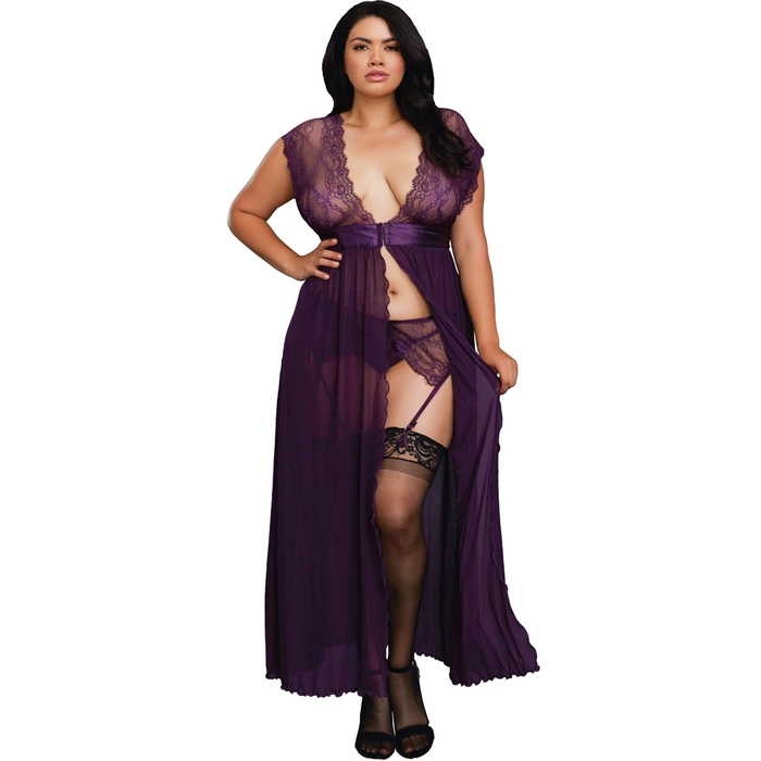 Dreamgirl Plus Size Purple Long Split Front Gown Set