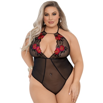 Escante Plus Size Black Sheer Halterneck Embroidered Floral Body