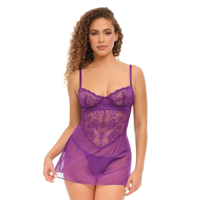 Underwire Floral Babydoll - Imperial Purple - Small