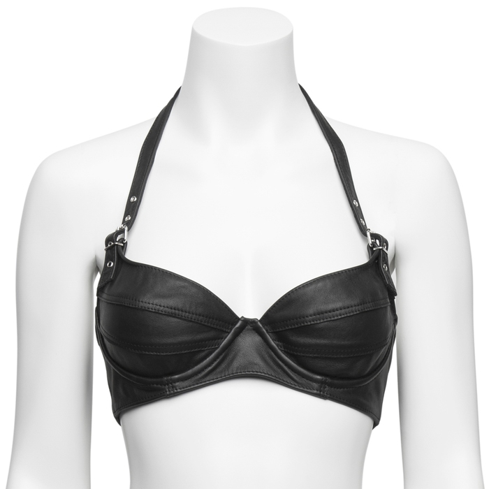 Black Leather Buckled Underwired Halterneck Bra