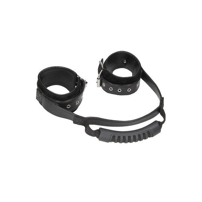 Bonded Leather Handcuffs with Handle and Adjustable Straps