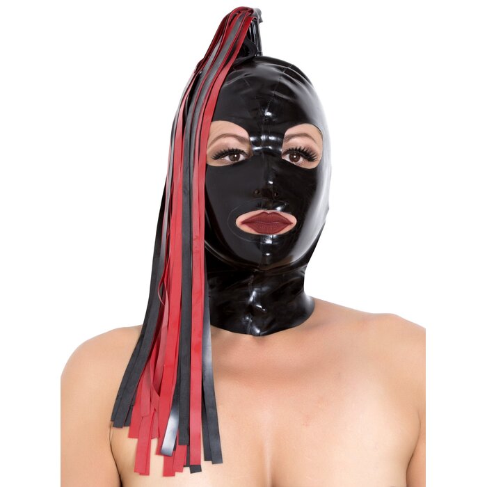 Women's Latex Hood with Red and Black Ponytail