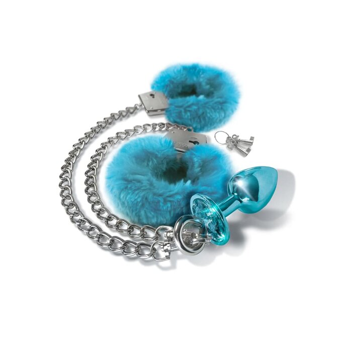 Nixie Metal Butt Plug and Furry Handcuff Set - Blue