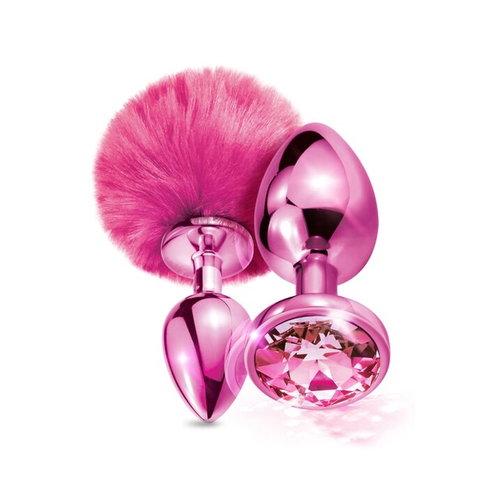 Nixie Metal Butt Plug Set Pom Pom and Jewel Inlaid - Pink