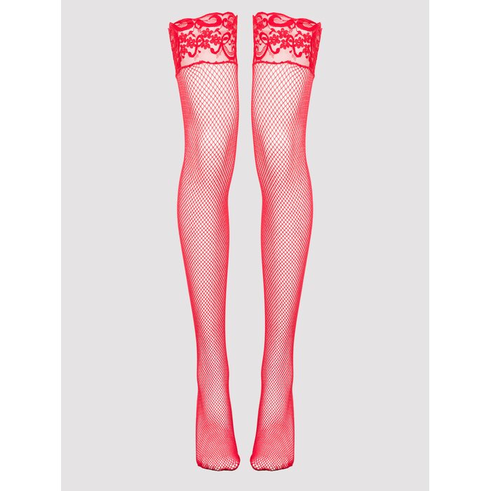 Lovehoney Plus Size Red Diamond Net Lace Top Hold-Ups - One Size Queen - Red
