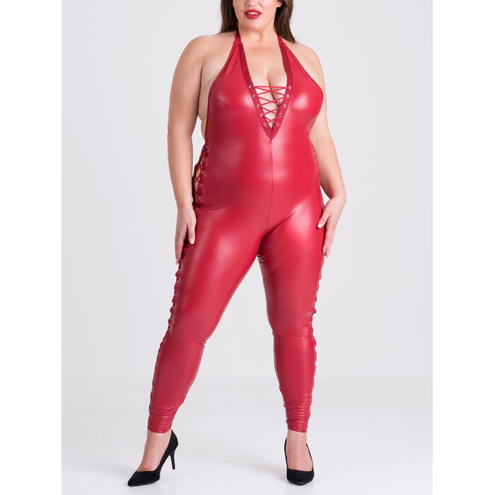 Lovehoney Plus Size Fierce Red Leather Look Lace-Up Catsuit - 1X / 2X - Red