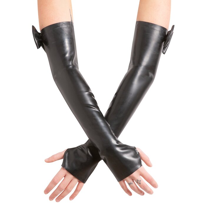 Latex Elbow Gauntlets with Bow in Black