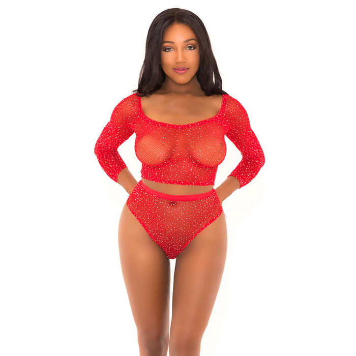 Rhinestone Crop Top with Matching Panty - Red - One Size