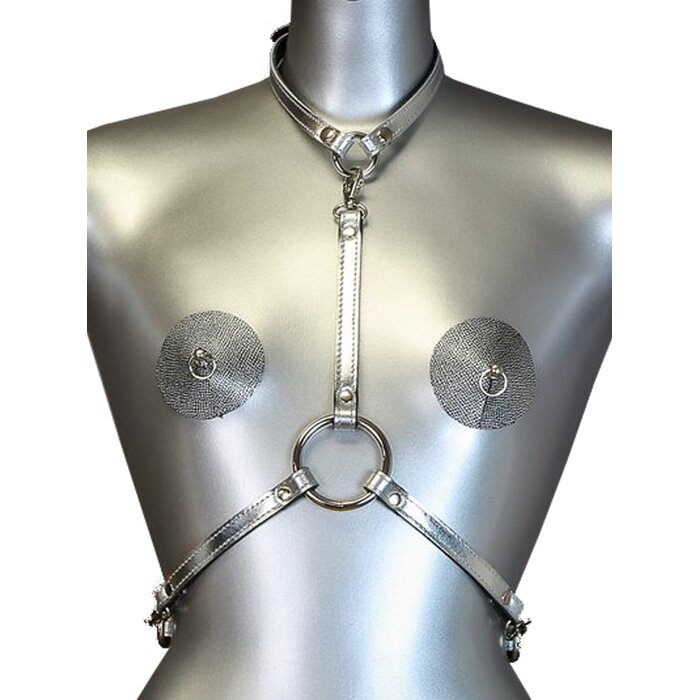 Silver Leather Ring Collar Harness - One Size