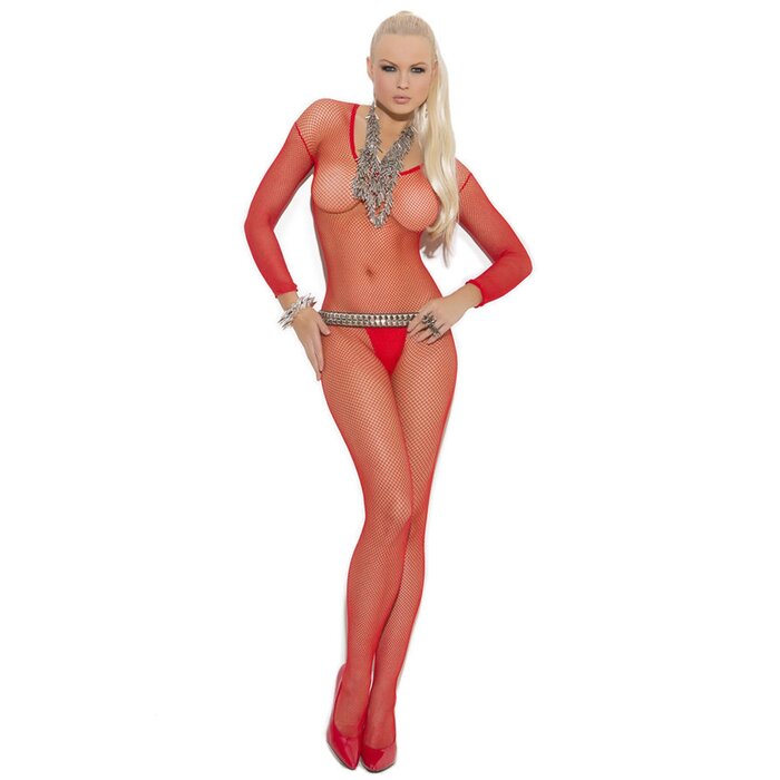 Classic Red Long Sleeve Fishnet Bodystocking - One Size
