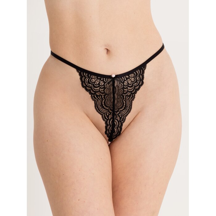 Lovehoney Satin Romance Black Lace Pearl Thong - One size - Black