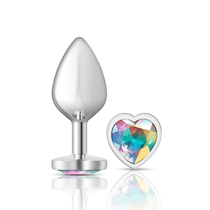 Clear Iridescent Heart Gem Silver Metal Plug - Medium