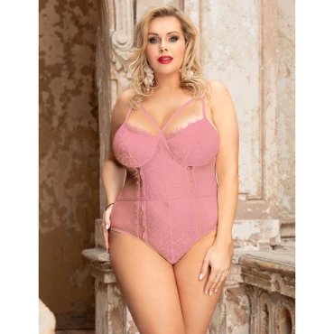Late Night Pink Eyelash Lace Plus Size Caged Teddy