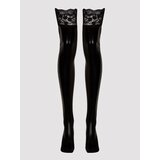 Lovehoney Fierce Plus Size Black Wet Look Hold-Ups with Lace Tops - One Size Curve - Black