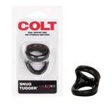 COLT Snug Tugger Black: Double Cock Ring with Ball Strap for Enhanced Pleasure