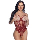 Roma Burgundy Eyelash Lace Underwired Open Cup Crotchless Body - Small - Red