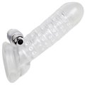 Packaged Clear Textured Vibrating Cock Sleeve with Ball Strap