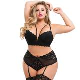 Lovehoney Plus Size Parisienne Black Longline Bra and Crotchless Thong Set