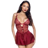 Roma Paradise Dream Burgundy Lace and Satin Babydoll Set - L / XL - Red