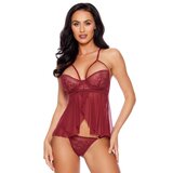 Escante Burgundy Underwire Lace and Mesh Cami Set - Medium - Red